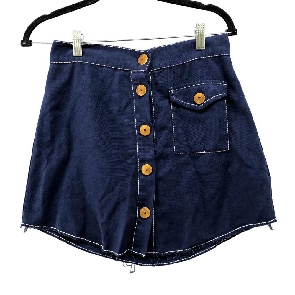 Zara Denim Mini Skirt M Blue Button Front High Rise Round Hem Lightweight